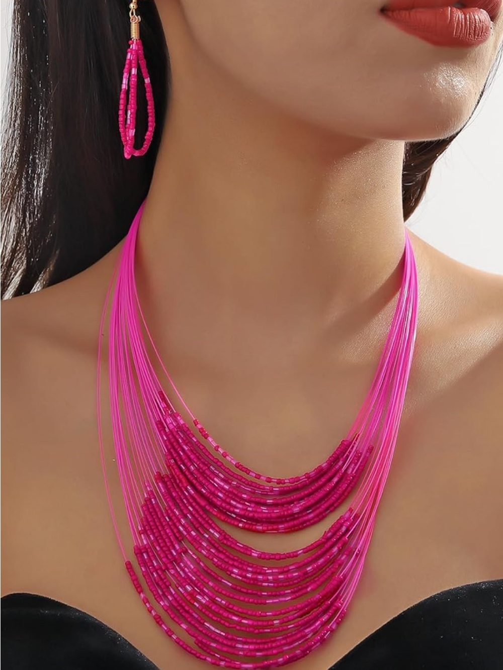 Hot Pink Multi-Strand Beaded Necklace and Earrings Set - Women Jewelry